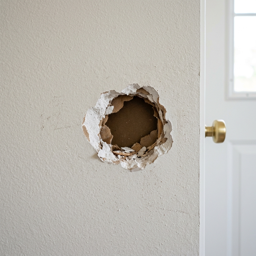 Before: Water-damaged drywall with large hole